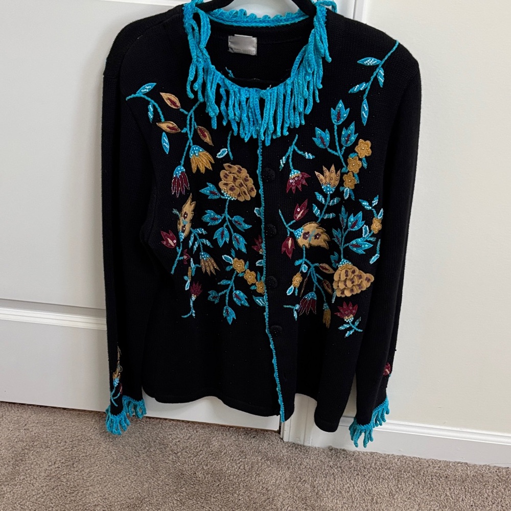 Berek Black Cardigan with Colorful Floral Embroidery